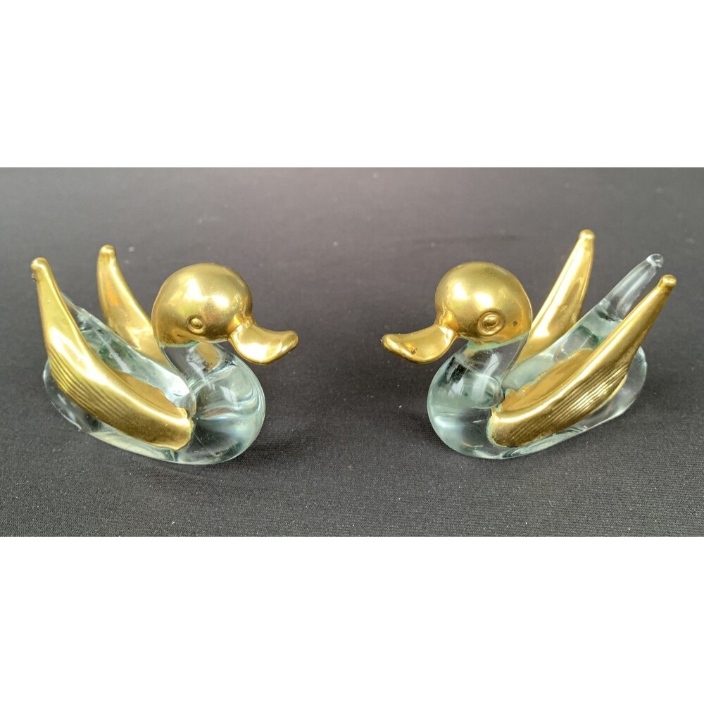 Vintage Pair of Glass and Brass Duck Figurines Wildlife